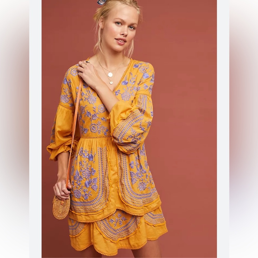 Anthropologie Mustard Yellow & Lavender Embroidered Long-Sleeve Dress